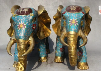 

16 China Cloisonne Bronze Gilt Auspicious Elephant Heffalump Bat Statue Pair