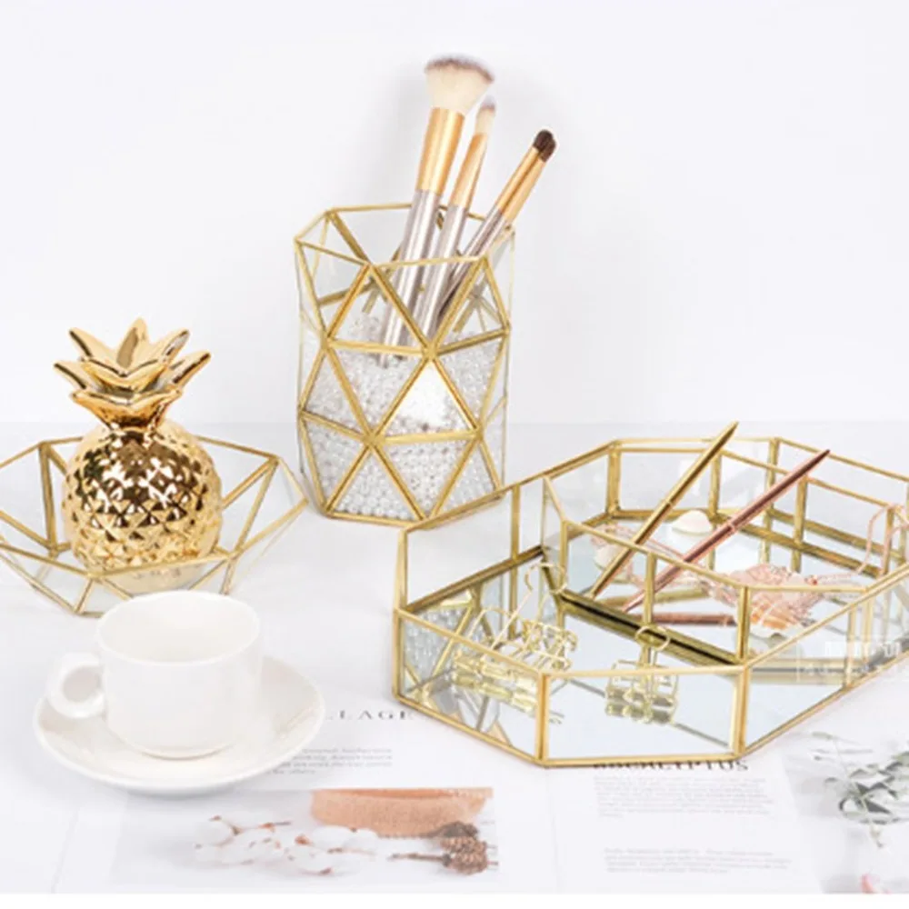 Nordic Retro Brass Storage Tray Golden Polygon Glass Makeup Organizer Tray Dessert Plate Jewelry Display Home Kitchen Decor