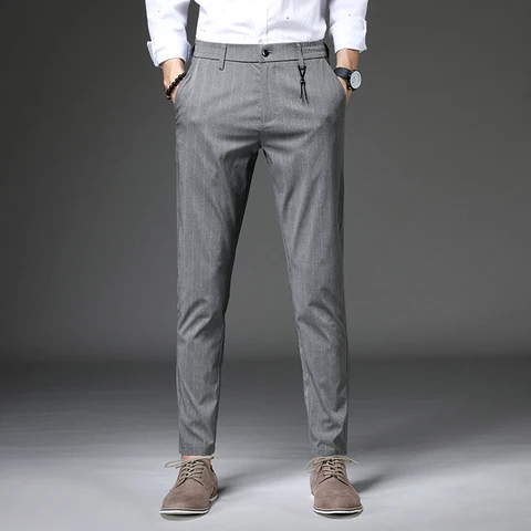 New Brand Mens Spring Summer Casual Pants Men Striped Elastic Straight Gray Trousers Plus Size 33 34 36 38