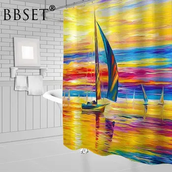 

Sailboat Shower Curtain Nautical Sailboat Oil Painted Ocean Scenery Pattern Waterproof Multi-size Cortina De Bano Bathroom Decor