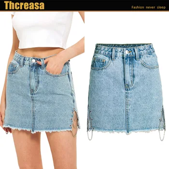 

2020 Summer European and American Women's High Waist A- line Dress Light Blue Metal Chain Hip Slit Feet Denim Skirt