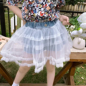 

Girls' skirt 2020 summer new children's French retro mesh splicing denim skirt pants puffed cake skirt pants