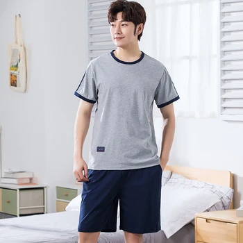 

Summer Knitted Cotton Soild Color Men's Pyjamas Short Sleeve Pajamas Set Casual Male Sleepwear Night Pijamas Hombre 4XL Homewear