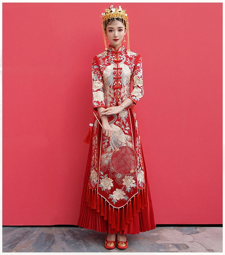 1 компл./лот в китайском стиле для женщин Мода Красный вышивка павлин cheongsam леди мода emroidery кисточкой cheongsam топ и юбка