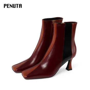 

2020 PENUTA Square Toe High Heel Western Boots Genuine Leather Ankle Boots Woman Plus Size Sexy Shoes Autumn Winter Newest D0015