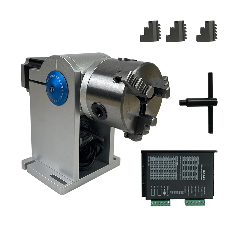 Piezas de fijación rotativa para mesa de trabajo, dispositivo rotativo de 80mm de diámetro, pinza de fijación, tres mandriles, hacha rotativa, Máquina de marcado láser de fibra piezas