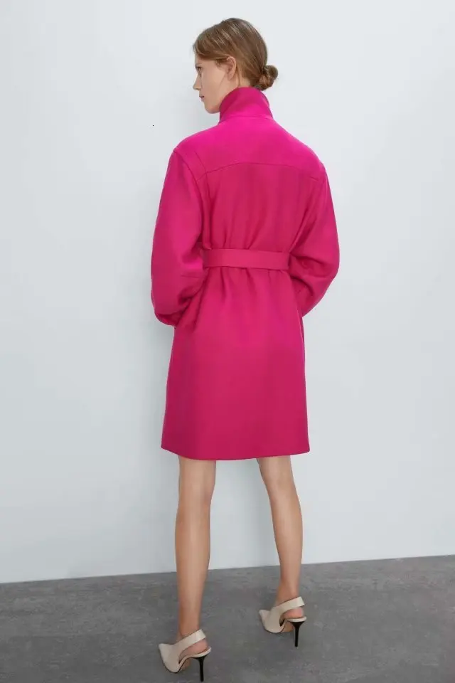 DEAT Autumn Winter Turtleneck Fuchsia Single Breasted Button Long Overcoat With Belt Women MG693