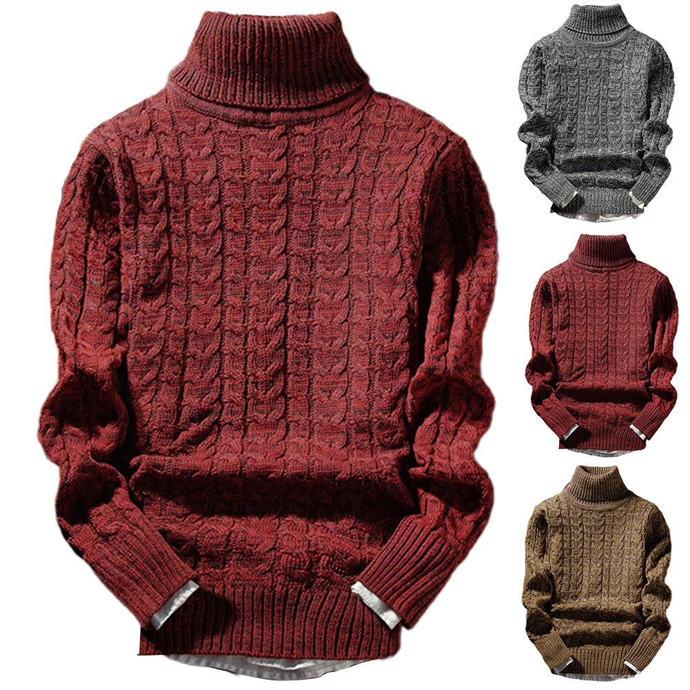 Casual Men Solid Color Winter Turtle Neck Long Sleeve Twist Slim Knitted Sweater - Image 3
