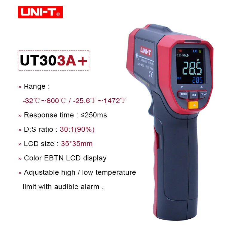 UT303A UNI-T UT301A+/302A+/303A+ инфракрасный термометр высокой четкости EBTN цветной экран Регулируемая излучательная функция будильника-32~ 800C - Цвет: UT303A
