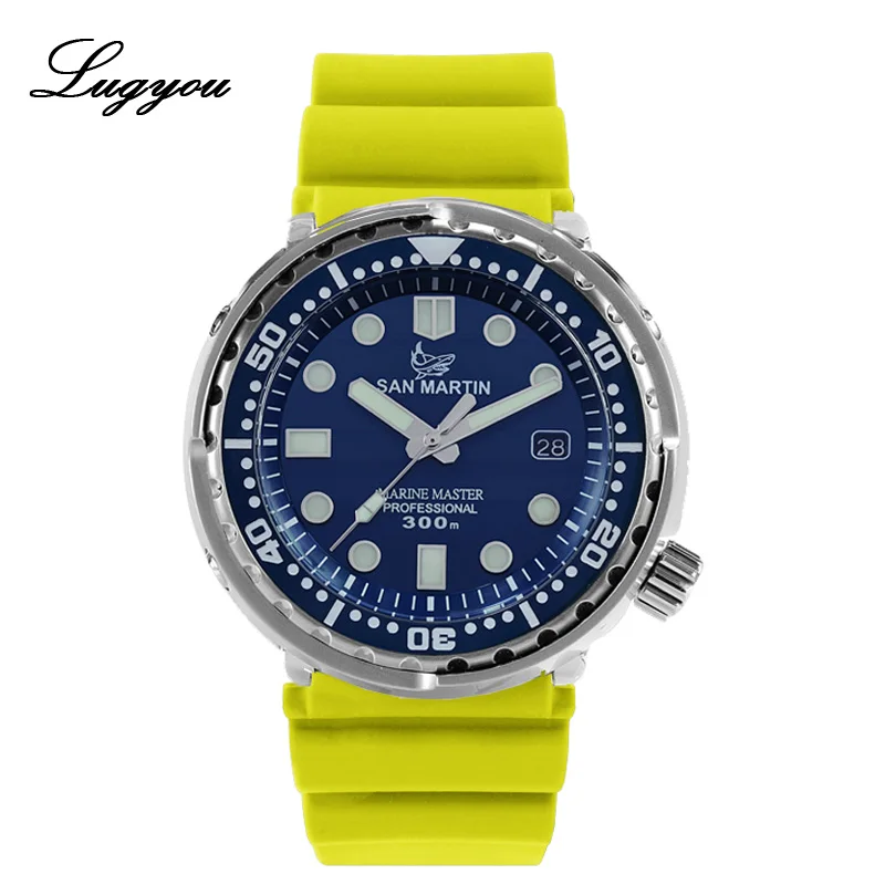 Ceramic Blue Yellow LUGYOU Сан Мартин тунец автоматические мужские часы для дайвинга нержавеющая сталь 30 бар водонепроницаемый резиновый ремешок супер светящийся сапфир Дата - Цвет: Ceramic Blue Yellow