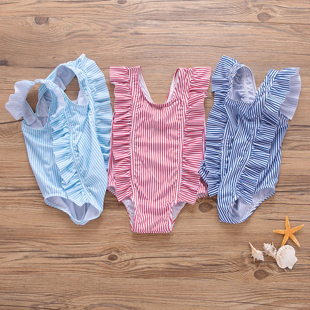 PatPat One-piece Ruffle Striped Swimsuit Slip-in Ruffle Details Summer Cotton Casual Stripes for Baby Girl