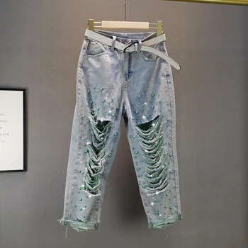

plus size Ripped Jeans Women Summer New European Streetwear Loose High Waist Thin Beaded Hole Beggar Jeans Female Holes Jeans