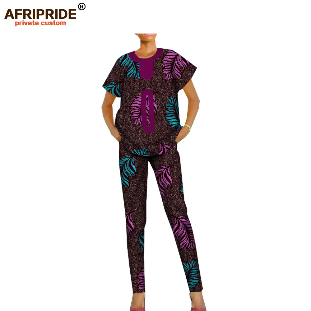 Весенние повседневные брюки для женщин AFRIPRIDE короткий рукав o-образным вырезом топ+ длина лодыжки тонкие брюки женский батик хлопковый комплект A1826004 - Цвет: 334X