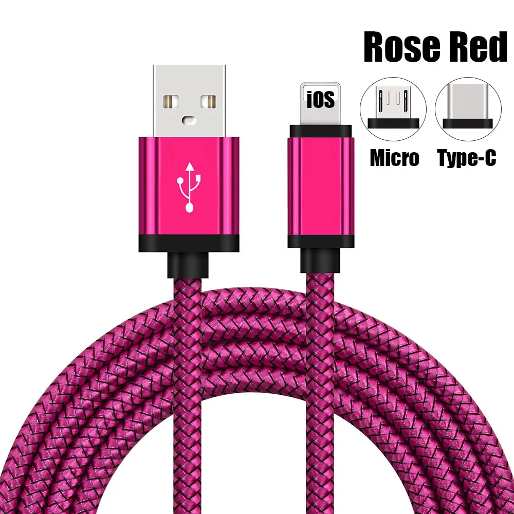 Rose Red iOS Cable 1 м/2 м/3 м плетение зарядный кабель Micro USB/type-C/iOS Синхронизация данных Шнур для iPhone 8 7 6 Plus 5 для samsung S8 S7 S6 Note 5 4 лот - Цвет: Rose Red iOS Cable
