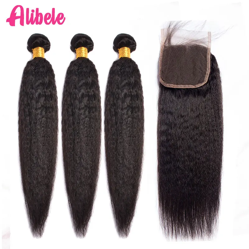 ALIBELE HAIR Kinky Straight Human Hair Bundles With Closure Non Remy Brazilian Hair Weave Bundles with Lace Closure 4 5 Pcs Lot