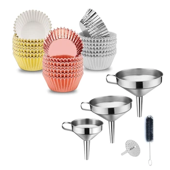 

Stainless Steel 5 Piece Kitchen Strainer Funnel Set & 300x Foil Cupcake Liners Muffin Paper Cases Baking Cups