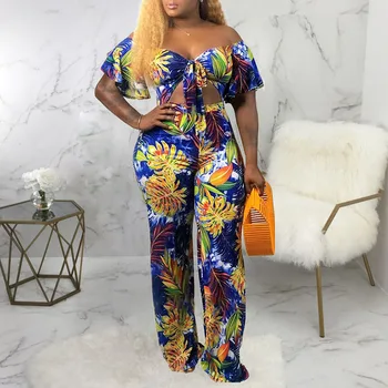 

Sexy Off Shoulder Boho Floral Print Two Piece Sets Women Casual Crop Tank Tops Summer Long Pants Plus Size African Ladies Set