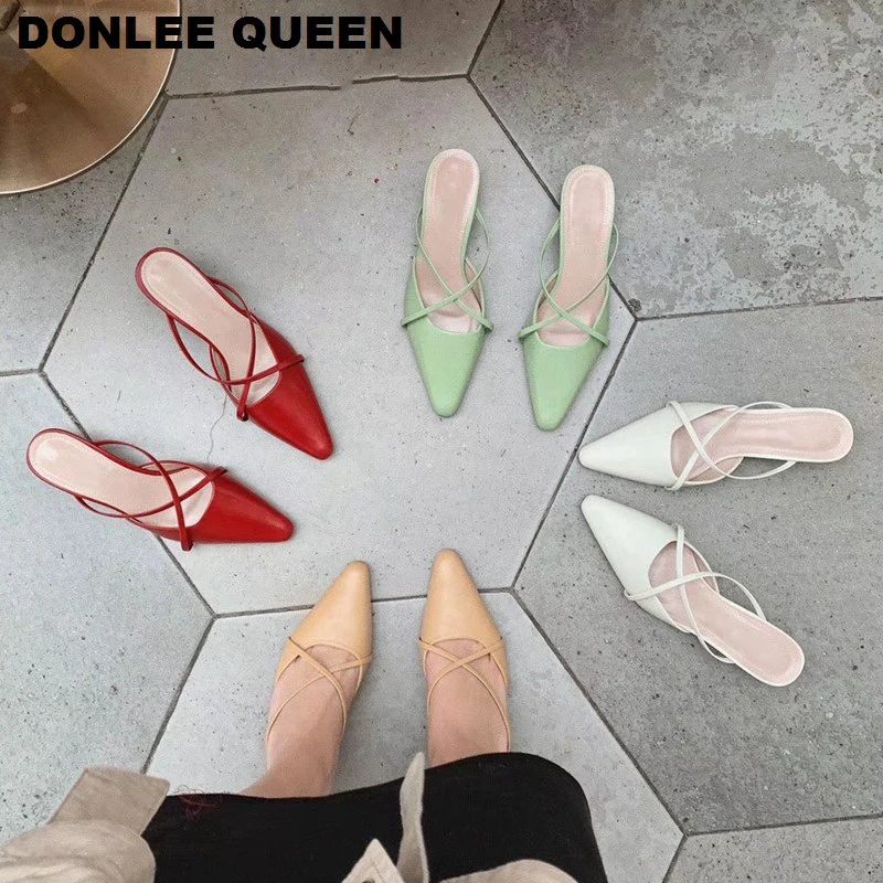 

Spring Fashion Women Pointed Toe Slippers Low Heels Outside Ladies Slides Brand Mules Shoes Narrow Band Candy Colors Flip Flops