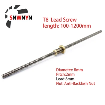 

T8 Lead Screw Lead 8mm With Anti-Backlash Nut Pitch 2mm OD 8mm 200mm 1000 1200mm T-Type Stepper Motor Trapezoida For 3D Printer