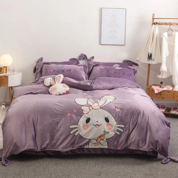 

Cute Cartoon Rabbit Embroidery Velvet Flannel Fabric Girl Bedding set Short Plush Duvet Cover Bed Linen Fitted Sheet Pillowcases