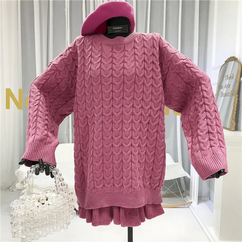 ALPHALMODA вязаный женский костюм зима твист большой свободный свитер Мини юбка 2 шт. повседневный комплект с пуговицами сзади милый женский костюм