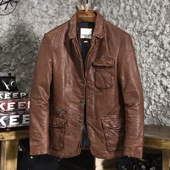 

Men's brown leather suit vintage Wrinkle sheepskin smart casual blazer men slim fit short pockets genuine leather jacket male