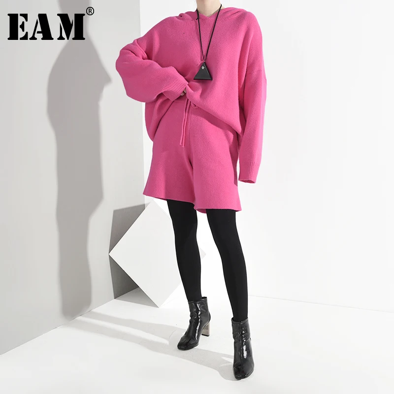 [EAM] Широкие штаны, Вязанный костюм из двух предметов, новинка, с капюшоном, с длинным рукавом, черный, свободный крой, женская мода, весна-осень, A394