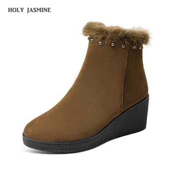 

2019 New women ankle boots Genuine Leather wool wedges heels women winter shoes Snow Boots Female Warm Fur Plush Insole Botas