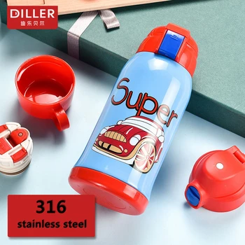 

DILLER MLH8629 children's three-cover stainless steel thermos with straw cartoon leak-proof thermos children's thermos