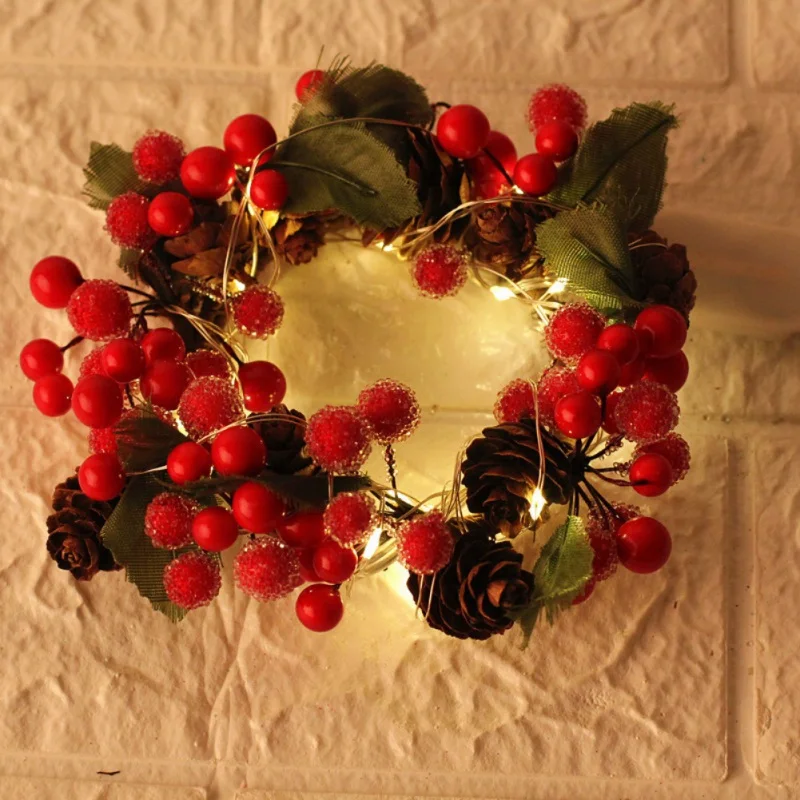 

Christmas Decorative Wreath With LED String Light Artificial Berries And Pine Cone Garland For Front Door Window Wall Decor