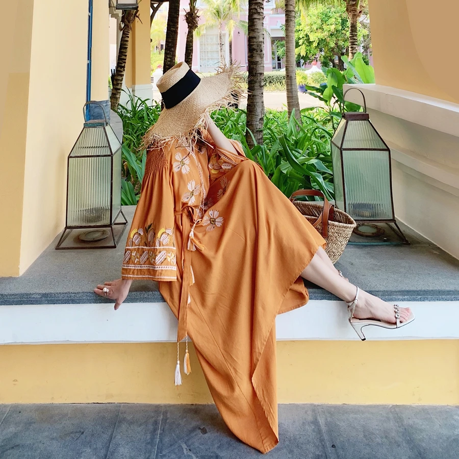 Kiyumi Boho Nepal пляжное платье женское Ретро этнический стиль Свободное дорожное вышитое хлопковое и льняное платье праздничное Повседневное платье
