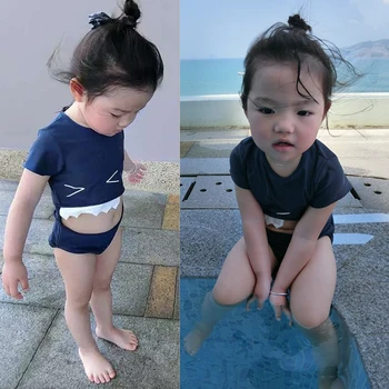 

Dark Blue Children's Girls Swimsuits Cute Cartoon Shark Teeth One-piece Swimming Suits Unisex Baby Toddler Beach Swimwear Suits
