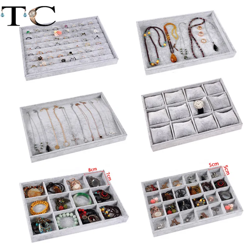 

Gray Velvet Jewelry Display Tray for Necklace Pendant Organizer Box Wooden Flat Stackable Tray Holder Storage Showcase