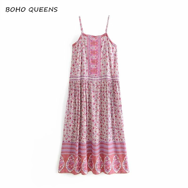 

Boho chic 2019 women floral print spaghtti strapless beach Bohemian dress ladies rayon midi dress vestidos