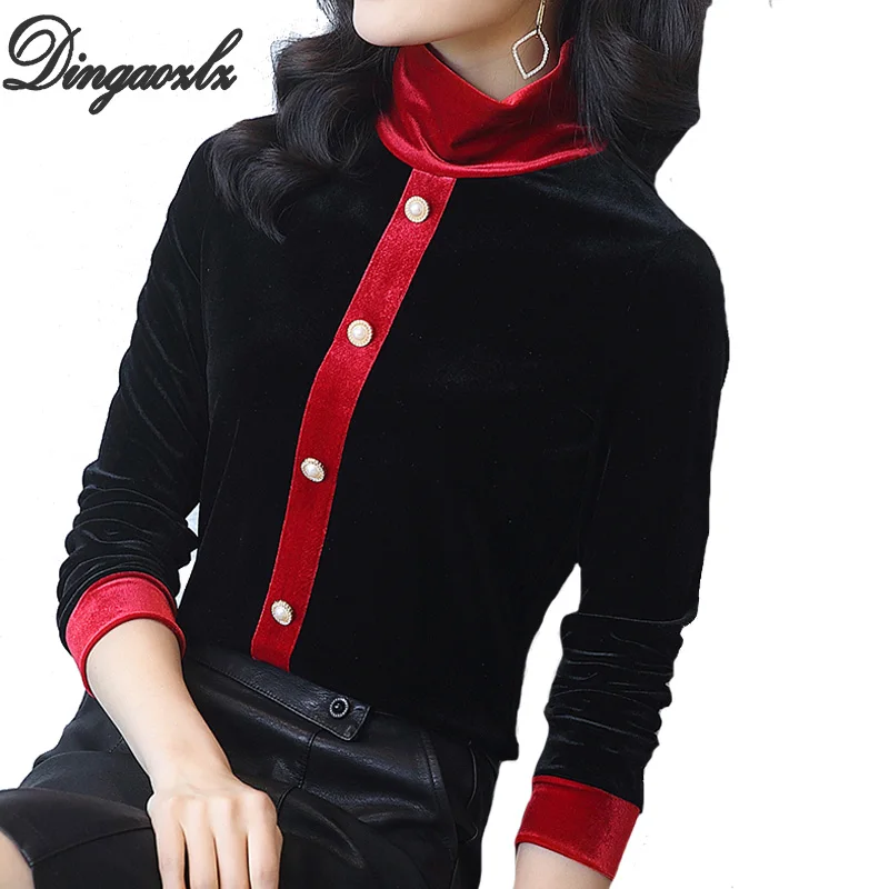 Dingaozlz S-3XL, модная женская блузка с длинным рукавом, рубашка, пэчворк, женские топы, новинка, высокий ворот, золотой бархат размера плюс