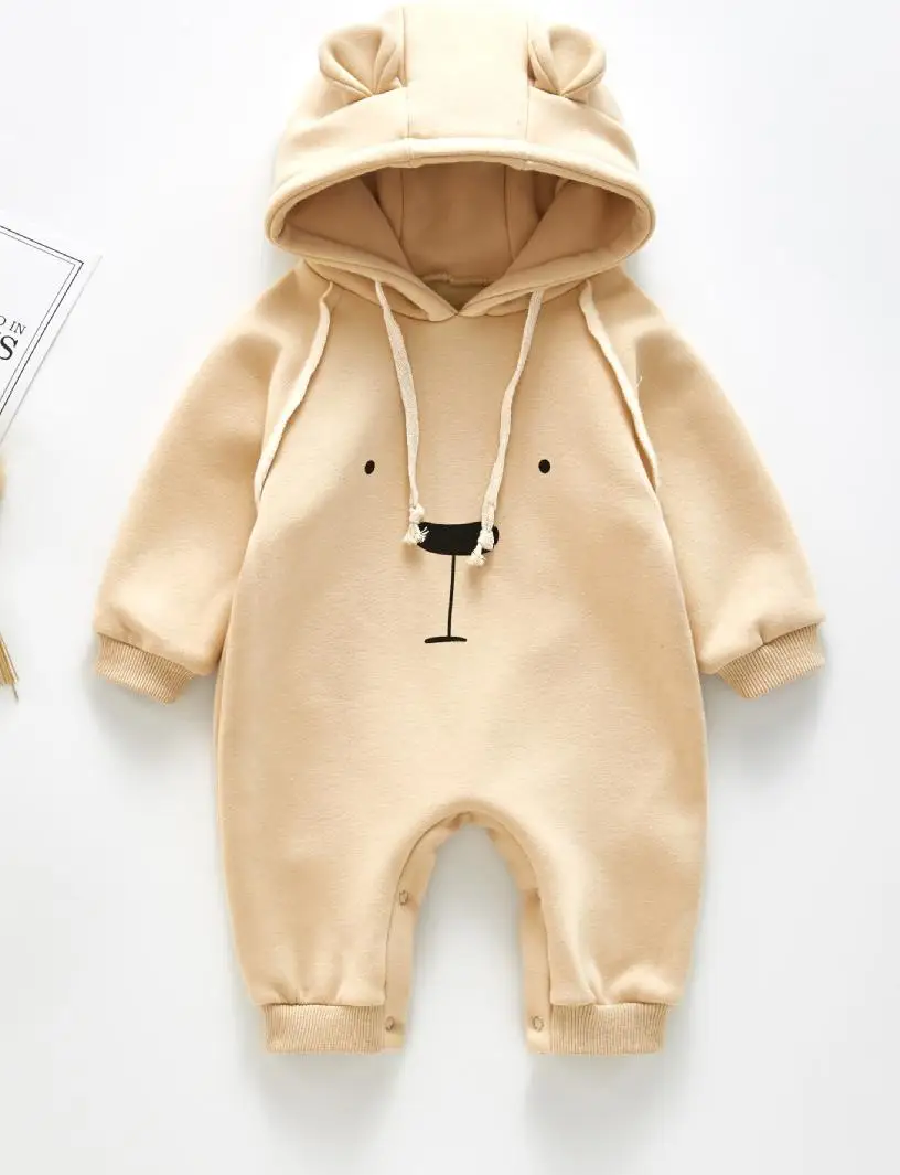 Ins Autumn And Winter Newborn Rompers Thickened Fleetened Korean Tie Bear Ear Printed Bear Loose Suit Jumpsuits Climbing Suits - Цвет: Beige