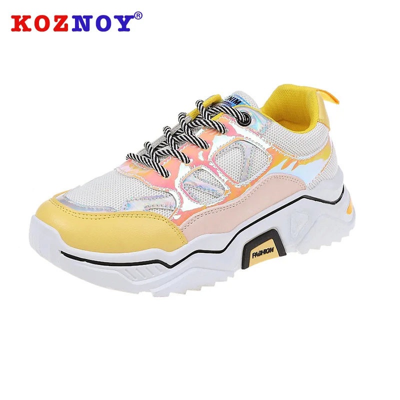 

Koznoy Sneakers Women Spring Autumn Fashion Thick Bottom Dropshipping Breathable Cross Tied Mixed Colors Leisure Women Shoes