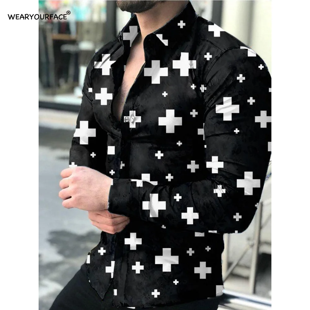 Red Points Geometry Pattern 3D All Over Printed Hawaiian Button Up Shirts Full Sleeve Streetwear Vocation Casual Men Clothing