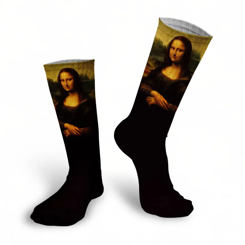 Mona Lisa Retro Printed Art Socks For Unisex Fashion Funny Famous Painting Long Socks Van Gogh Starry Night Women Cotton Socks black ankle socks