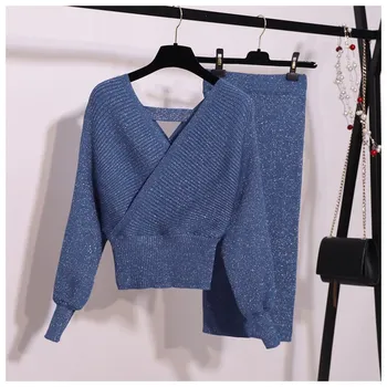 

Two Piece Women Knitted Dress Set Off Shoulder Sweater And Pencil Skirts Suit Short Elegant Party Sweater Dresses