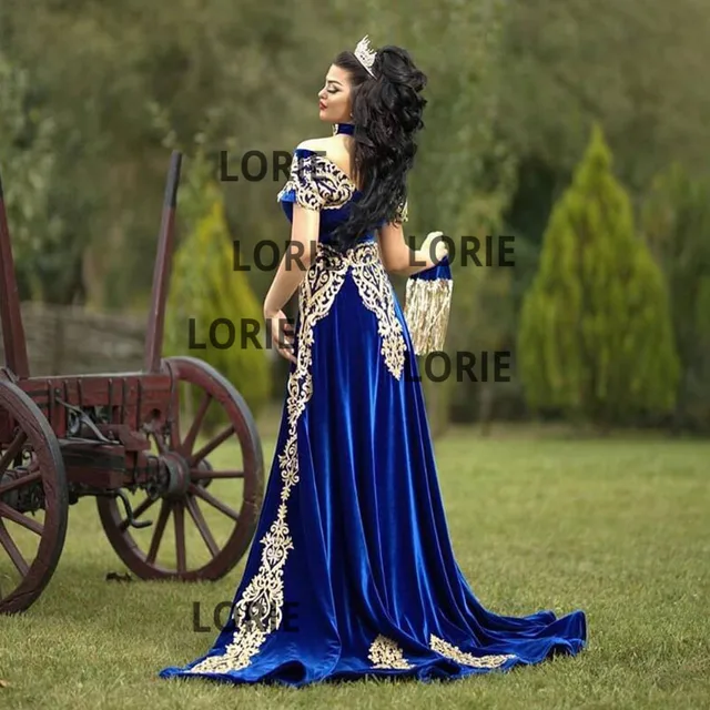 LORIE Moroccan Caftan Evening Dress Gold Appliques Lace Cap Sleeve Royal Blue Mermaid Velvet Arabic Prom Gowns Party Dress 2