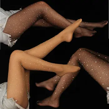

2019 Women Crystal Rhinestone Stockings Black White Red BIG Fishnet Net Mesh Diamond Pantyhose Stockings