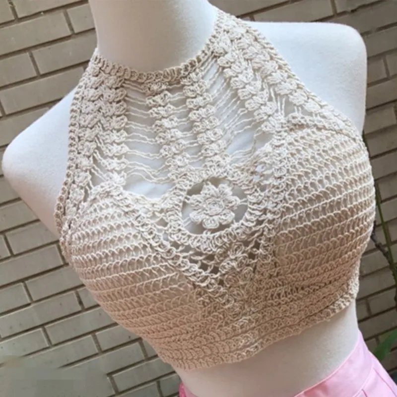 Women Sweet Camisole Holiday Hanging Neck Hollow Knit Top Sexy Off-Shoulder Bottoming Shirt