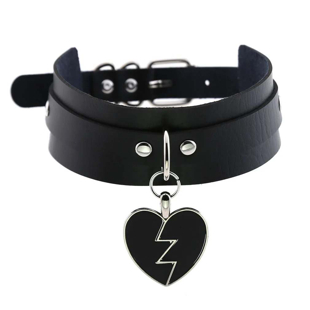 

Gothic-Double Layer Pu Hide Substance Lightning Heartbreak Peach Heart Heart Pendant Neck Ring Necklace Cool Collar Neck Band