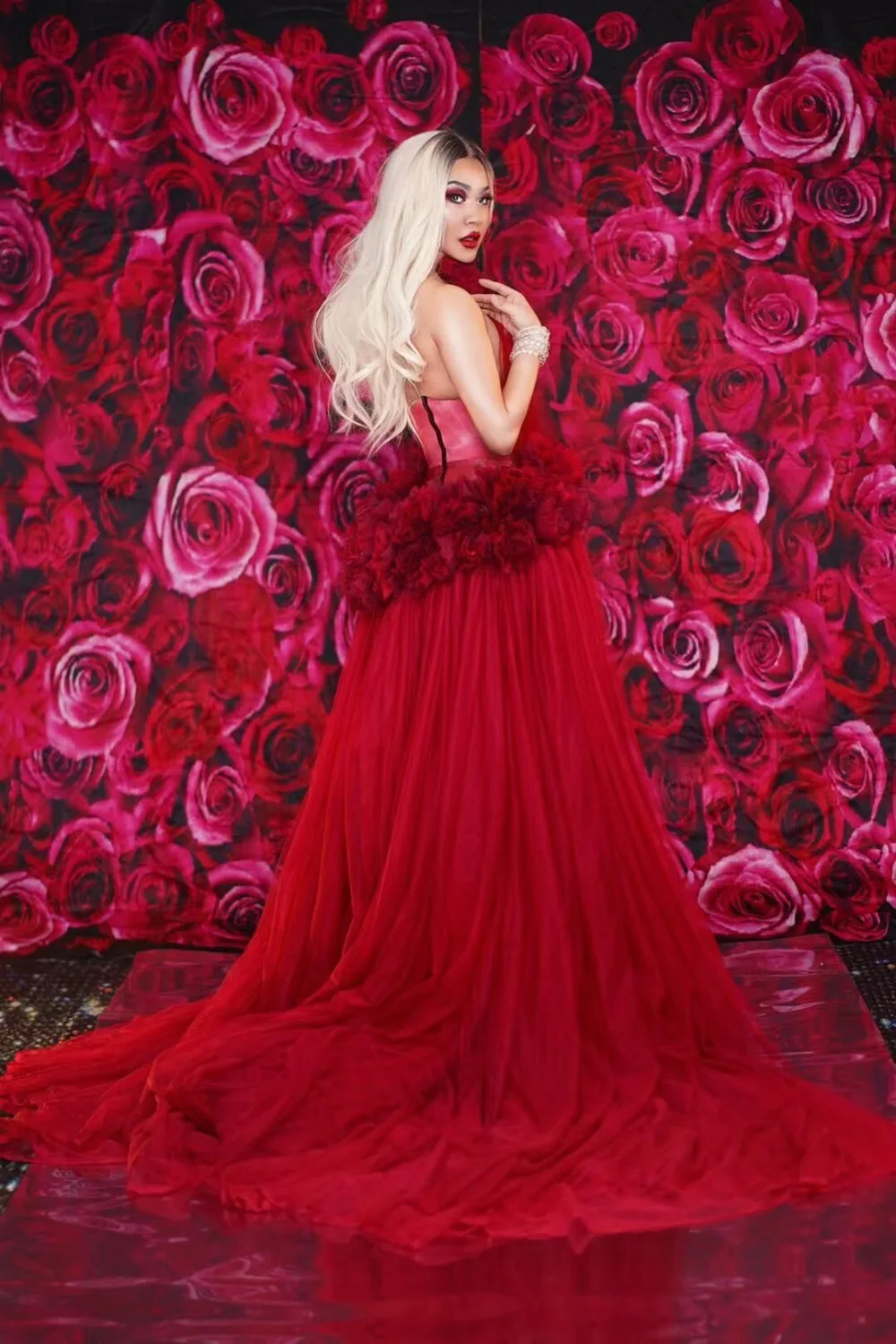 Новые Красные цветы Прозрачное платье День рождения, празднование платье Вечернее бар вокальное шоу сценический наряд танцевальное длинное платье
