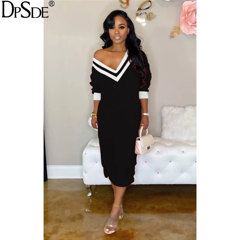 DPSDE черное белое Оранжевое Женское модное платье с V-образным вырезом и длинным