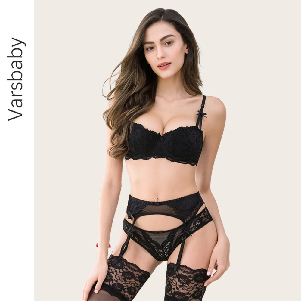 Sexy cotton lace bra+panties+garter+stockings 4 pcs underwear set push up  white lingerie set - AliExpress