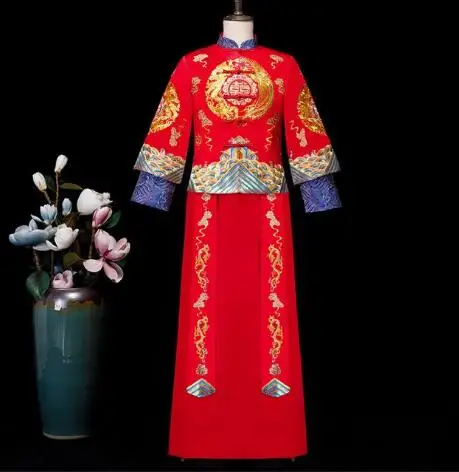 Men dress Стразы ручной работы, вышивка бисером, старинное свадебное платье невесты, ретро платье, китайское платье чонсам, длинная секция, размер S-XXL - Цвет: Men dress
