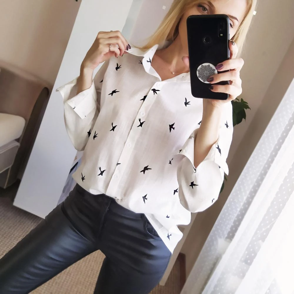 Women's Birds Print Shirts 35% Cotton Female Tops 2020 New Fashion Spring Summer Loose Casual Ladies Shirt Plus Size 5XL