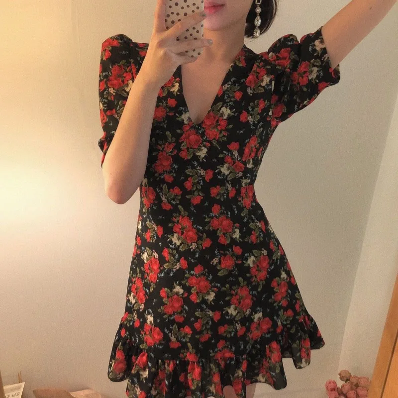 2020 Summer Vintage Floral Women Mini Dress Korean Ruffle Puff Short Sleeve V Neck Dresses Vestidos Feminimo